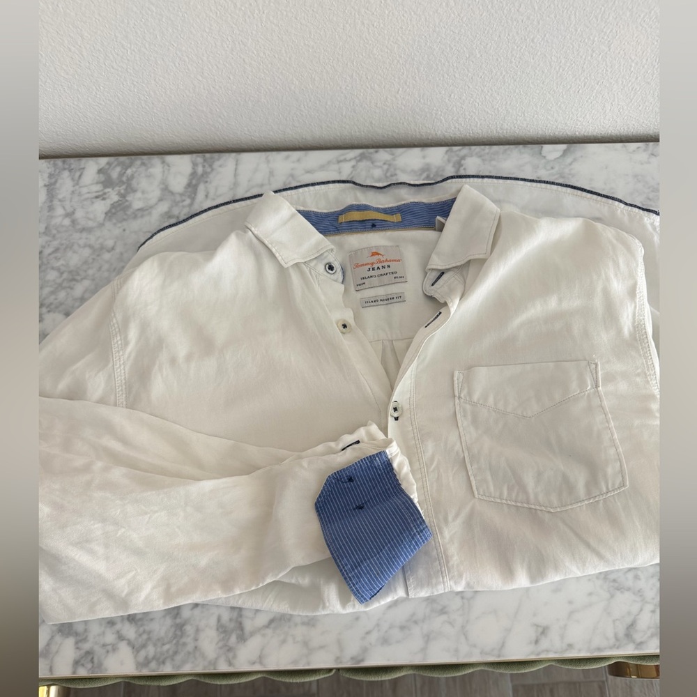 Tommy Bahama Cotton White Button Up Shirt with Blue Pinstripe Trim